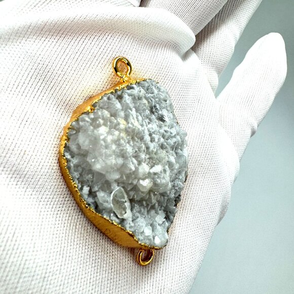 Smoke White Druzy Agate Geode Pendant 18K Gold Plated Boho Healing Crystal - Picture 7 of 16